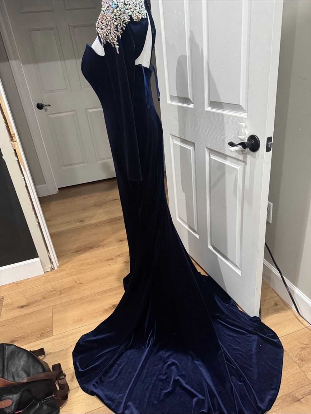 Navy Velvet Evening Gown with Jeweled Crystal Capelet **no low offers** - Picture 4 of 5